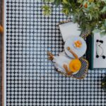 woman on tiled background
