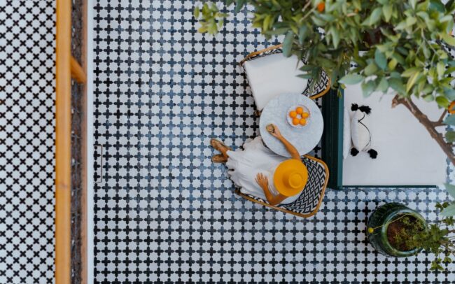 woman on tiled background
