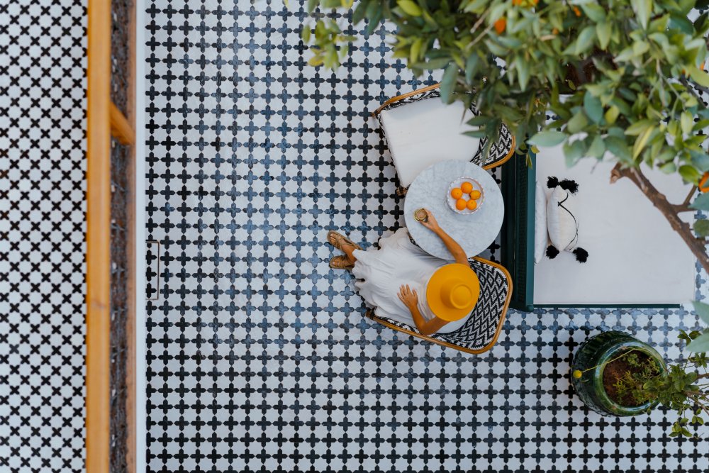 woman on tiled background
